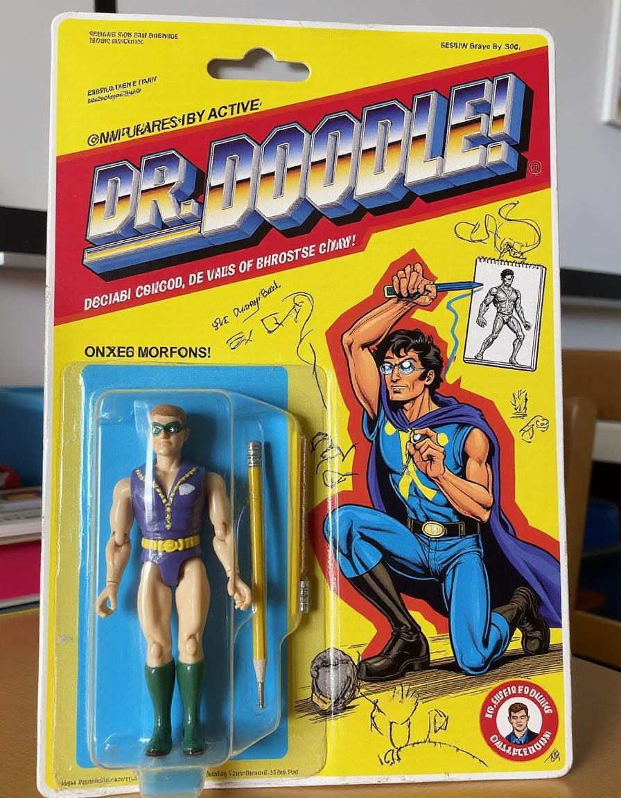 "Dr. Doodle" – A superhero who can draw anything… but only in the margins of notebooks. His hastily scribbled doodles sometimes come to life, but only as tiny, unhelpful creatures. The action figure is packaged with a tiny notepad and pencil, with a ral-afpacking logo at the bottom-right. The backdrop features a cluttered school desk, with doodles scattered everywhere, but none of them useful.<lora:ral-afpacking-flux:1>