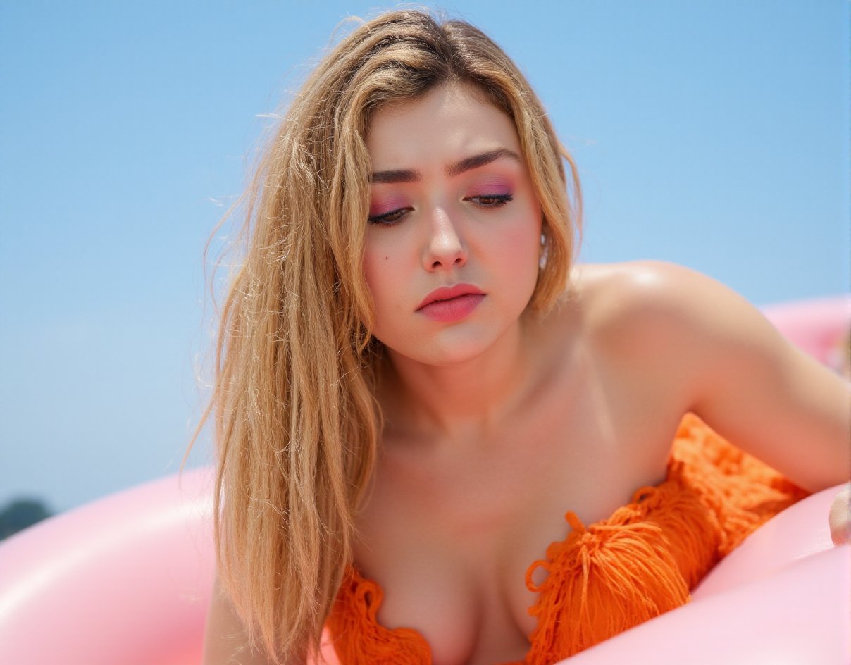 This is a high-resolution photograph featuring a young woman with a fair complexion and long, straight, blonde hair. She is lying on her stomach on a pastel pink inflatable pool float, which is positioned against a clear, bright blue sky, indicating a sunny, outdoor setting. The woman is wearing vibrant, eye-catching makeup with bold, bright pink eyeshadow that extends onto her eyelids, creating a striking contrast against her light skin. She has a soft, natural smile, and her eyes are closed, suggesting relaxation or contentment.Her attire consists of a strapless, bright orange top made of a textured, feather-like fabric that adds a touch of whimsy and playfulness to her look. The background is minimalistic, focusing all attention on the woman and the vibrant colors of her outfit and makeup. The image is well-lit, emphasizing the natural, healthy glow of her skin and the vividness of her makeup. The overall composition is bright and cheerful, capturing a moment of leisure and relaxation in a sunny, summery environment.,Peyton List,  <lora:Peyton_List_Flux_V1:1>