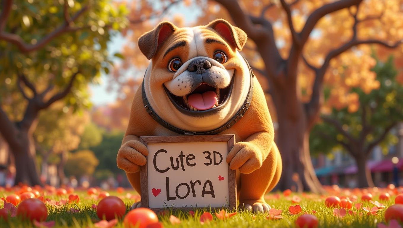 Anthropomorphic cute bulldog  holding a sign with the text "Cute 3D Lora". In a park  <lora:Cute_3d_Cartoon_Flux:0.6>