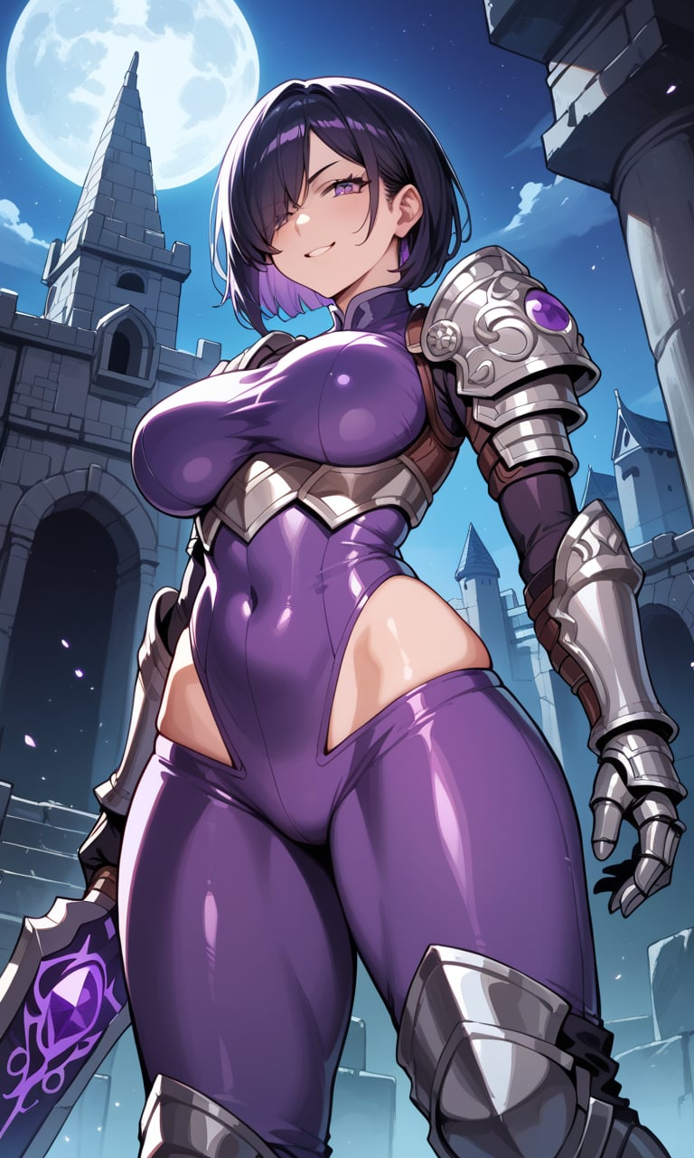 score_9, score_8_up, score_7_up, score_6_up, source_anime, (detailed face and eye:1.2), detailed eye, BREAK, face focus, from below, solo focus, cinematic darkness, smug woman, large breasts, wide hips, short black hair with sideswept bangs, hair over one eye, beautiful purple eye, skindentation purple bodysuit, armored gauntlets and greaves, overgrown stone temple, dark night, moon