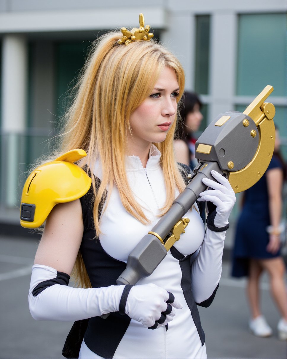 This is a photograph taken at a convention, likely a cosplay event. The central figure is a young woman dressed as Mercy, a character from the video game "Overwatch." She has long, blonde hair styled in a high ponytail with a gold headpiece resembling a halo. Her costume is primarily white and black, with a prominent yellow shoulder pad on her right side, and she is holding a large, detailed prop weapon in her right hand. The prop weapon is metallic, with a gold and silver finish, and features a futuristic design with multiple prongs and a handle. The woman's expression is calm and focused, and she appears to be looking slightly to the left. The event is taking place outdoors during the day. The setting is urban, with modern buildings and glass windows visible, suggesting a city environment.  The lighting is natural, likely from the sun, casting soft shadows and illuminating the scene. The photograph captures the details of the costume. Renee Zellweger,<lora:Renee_Zellweger_Flux_V1:0.9>