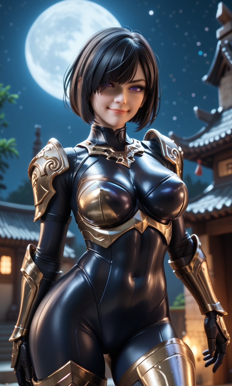 score_9, score_8_up, score_7_up, score_6_up, score_5_up, score_4_up, BREAK, highres, official art, detailed face and eyes, face focus, solo focus, cinematic darkness, smug woman, large breasts, wide hips, short black hair with sideswept bangs, hair over one eye, violet eyes, skintight bodysuit, armored gauntlets and greaves, overgrown stone temple, night, moon, star, dark