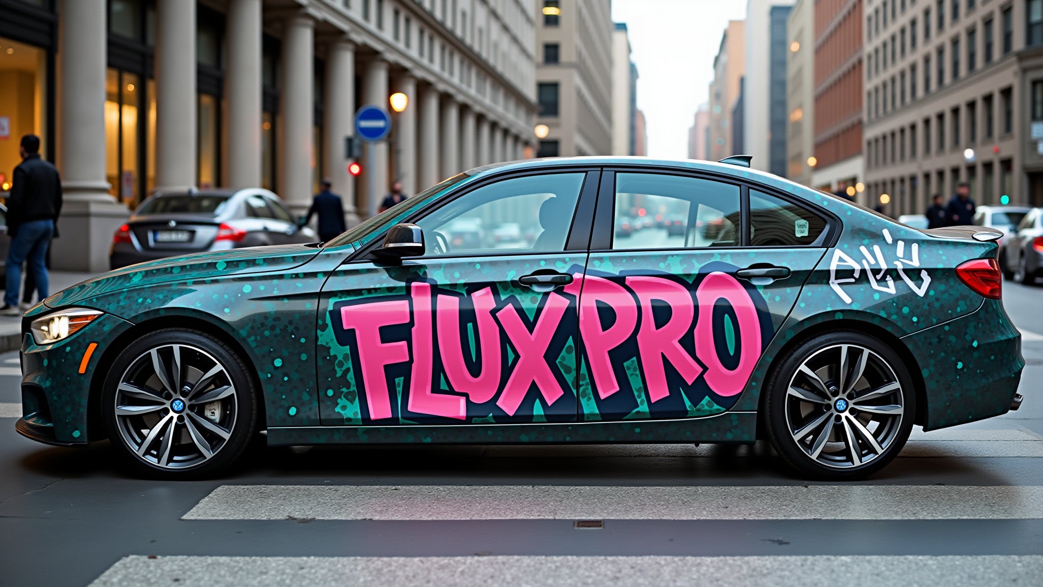 “Photo of a car in the city. On the car we see detailed EPIC graffiti, the graffiti text reads "FLUX PRO".”