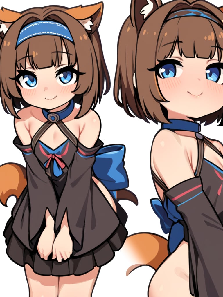 masterpiece, best quality, <lora:style578-a31-000020:1>, loli, 1girl, solo, tail, animal ears, blue eyes, full body, detached sleeves, brown hair, hairband, looking at viewer, simple background, white background, bare shoulders, smile, collar, short hair, standing, transparent background,v arms, sandals, hair intakes, bangs