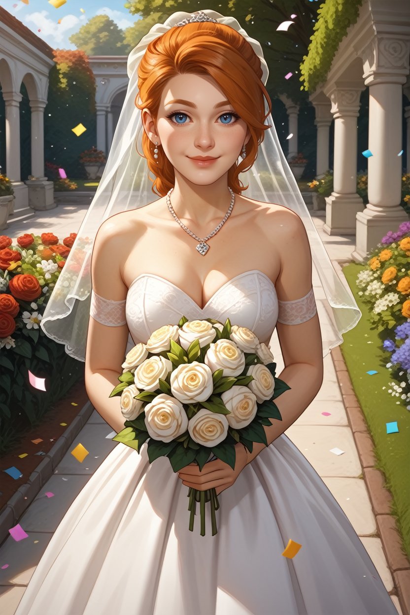 score_9, score_8_up, score_7_up,<lora:SpiderMaryJ:0.8>SpiderMaryJ, 1girl, orange hair, blue eyes, looking at viewer, garden, wedding dress, necklace, smile, bouquet, day, confetti, cowboy shot, standing