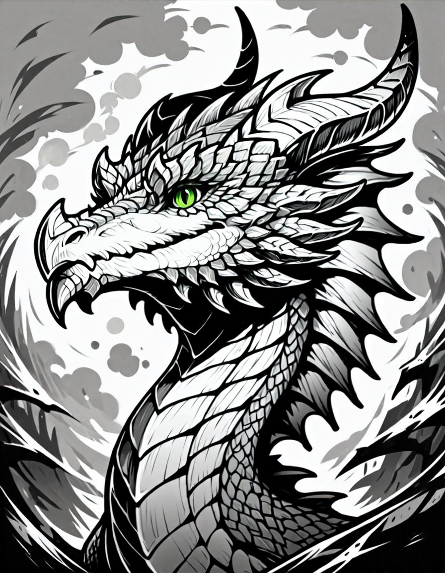 score_9, score_8_up, score_7_up,  <lora:Clean Sketch (J) style:1> monochrome, solo, dragon, horns, scales, green eyes, portrait,