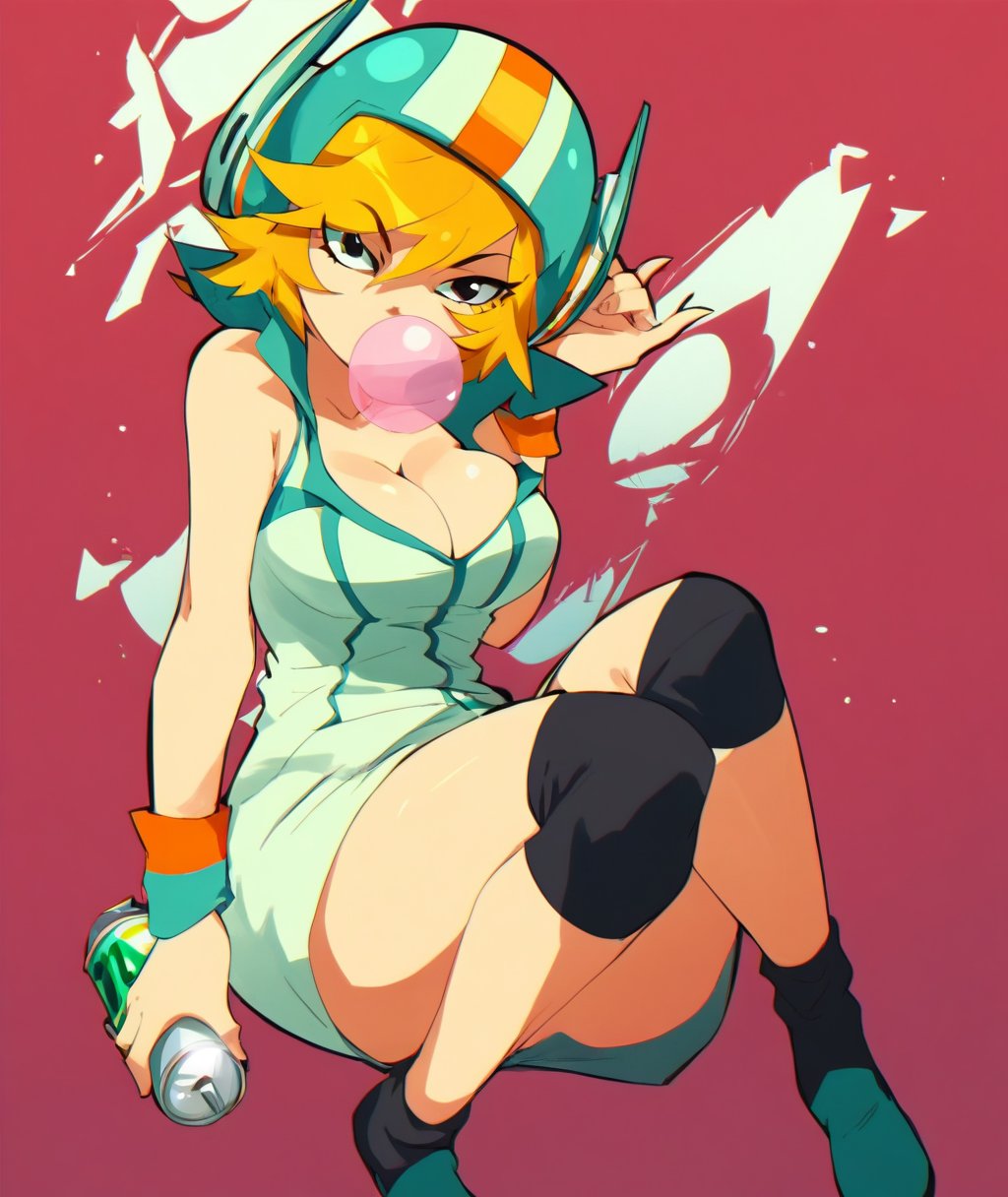 score_9, score_8_up. score_7_up, <lora:aetherion:1> aetherion,  score_9, aetherion, 1girl, helmet, chewing gum, large breasts, cleavage, bubble blowing, short dress, blonde hair, short hair, looking at viewer, wristband, bare shoulders, red background, knee pads, spray can