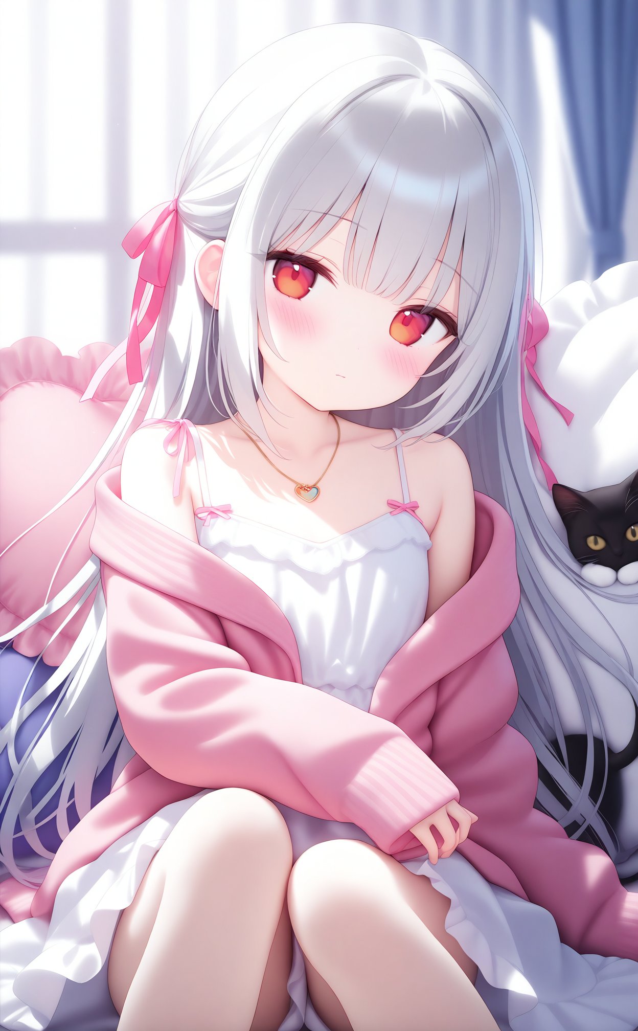 masterpiece,best quality,high quality,(colorful),artist Alens,loli,1girl, cat, ribbon, pink ribbon, long hair, sitting, pillow, looking at viewer, red eyes, hair ribbon, window, solo, pink jacket, heart-shaped pillow, white hair, animal, indoors, jewelry, off shoulder, jacket, knees up, curtains, white camisole, heart, grey hair, dress, pink cardigan, frills, long sleeves, sleeves past wrists, closed mouth, white dress, frilled pillow, necklace, blurry background, sleeveless, bare shoulders, blurry, collarbone, blush, camisole