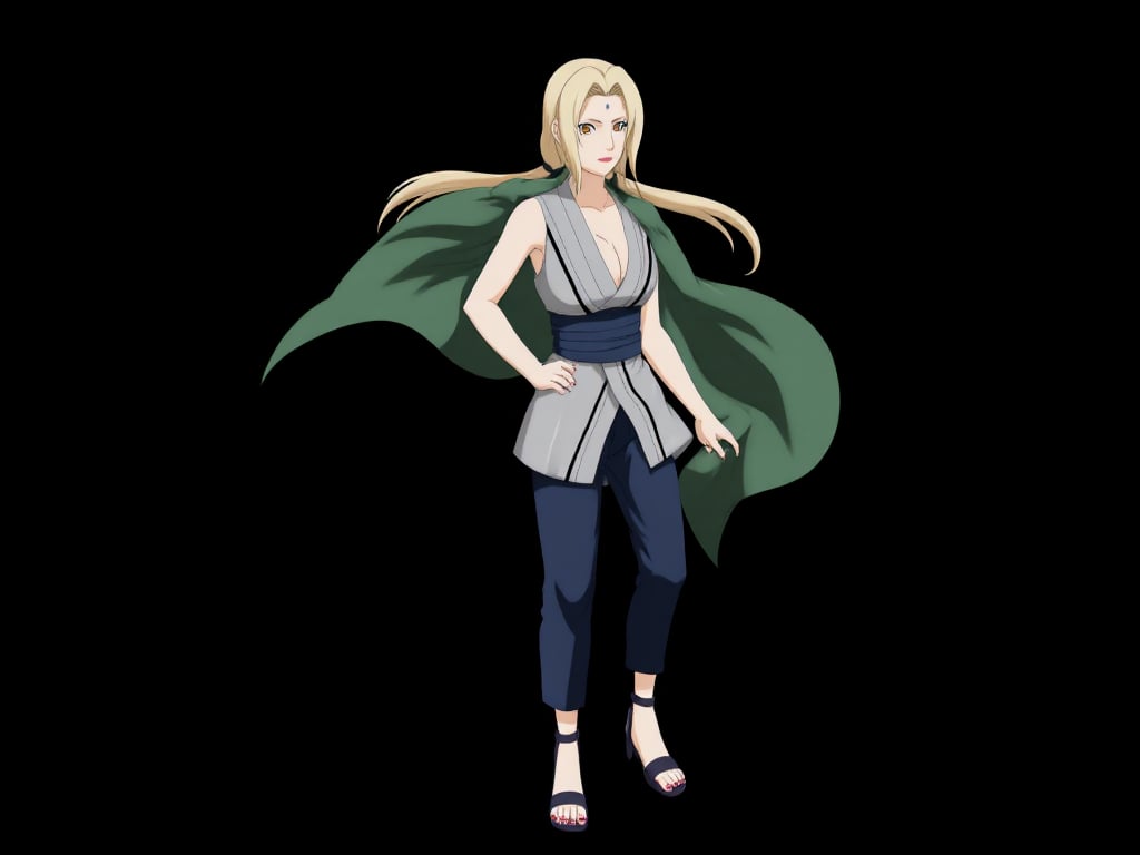 This image is a digital drawing of a female character from the anime series "Naruto," specifically depicting Hinata Hyuga. The character is depicted in a dynamic pose, standing confidently with her left hand on her hip and her right arm raised, as if ready to strike. She has long, straight, blonde hair that cascades down her back and shoulders. Her eyes are a striking yellow, and she has a serene, determined expression on her face.Hinata is dressed in a traditional ninja outfit consisting of a sleeveless, gray, form-fitting top with a high neckline and a dark blue, wide sash tied around her waist. She also wears dark blue, loose-fitting pants that end just above her ankles. On her feet, she has black, open-toed sandals. She carries a large, green cloak draped over her right shoulder, which flows behind her, adding a sense of movement and power to her stance.The background is entirely black, making Hinata the focal point of the image, and highlighting the intricate details of her outfit and the sharpness of her features. The style of the drawing is typical of anime art, characterized by clean lines, vibrant colors, and exaggerated facial expressions.,tsunade,<lora:Tsunade_Flux_V1_r1:0.9>