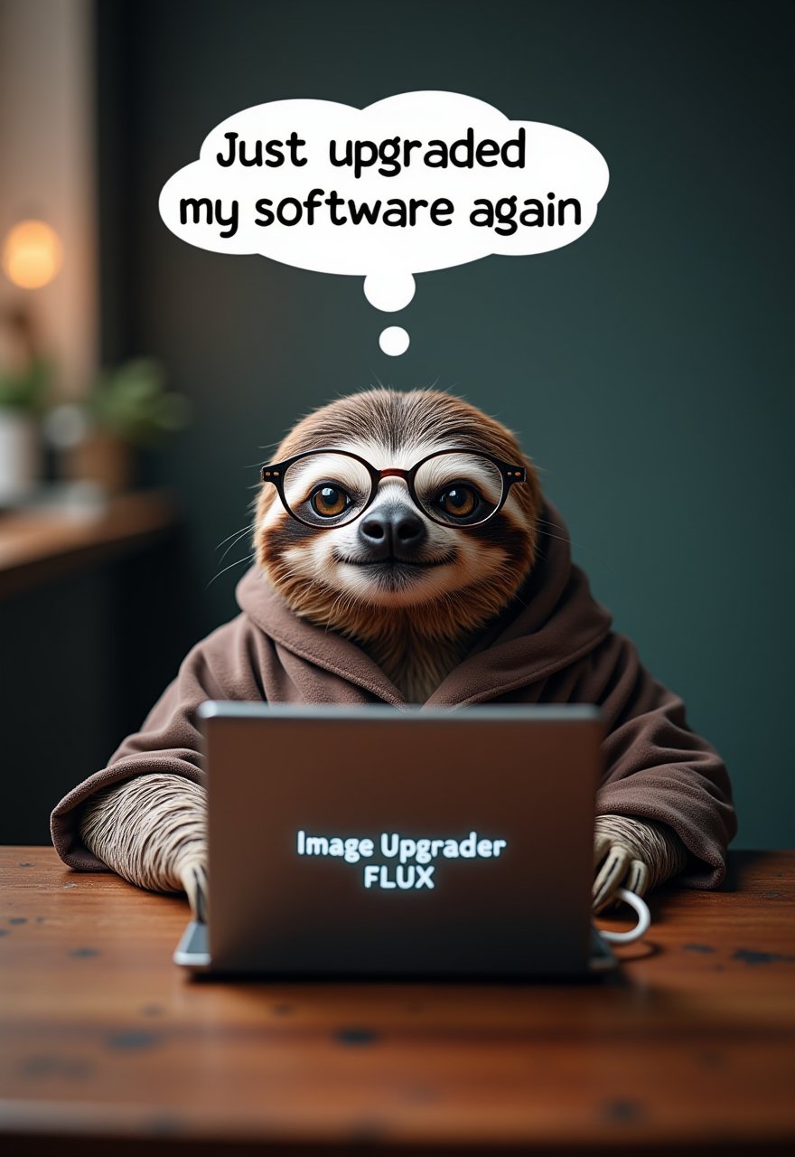 a professional photo of A sloth mit magic robe sitting at a desk with a tiny laptop, wearing glasses and looking very serious. Above the cat, a thought bubble reads "Just upgraded my software again" On the screen of the laptop, the Text: "Image Upgrader FLUX" is displayed prominently. ,     , aidmaimageupgrader