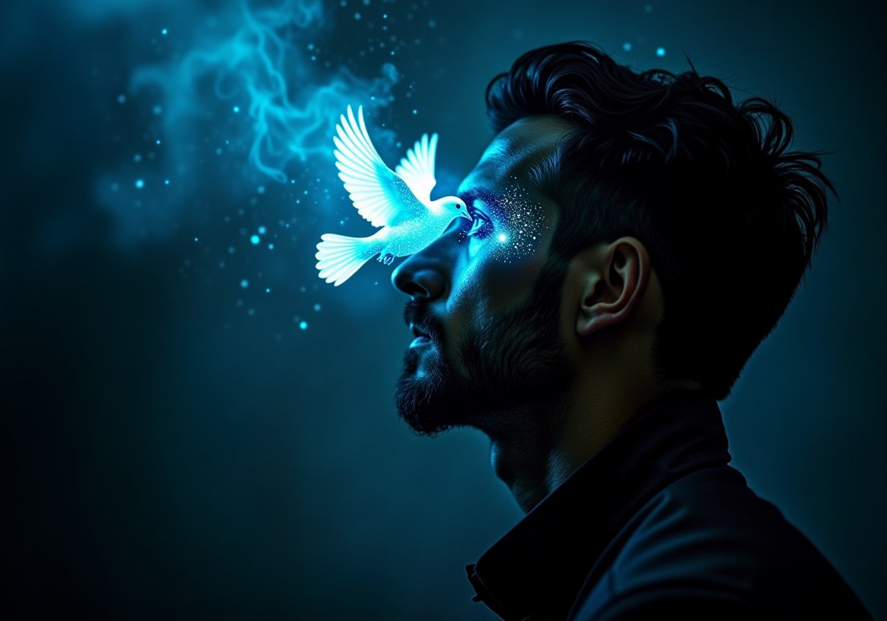 Bioluminescent,evangsurreal,surrealism,glitter, Render a chiaroscuro portrait of a man in profile with ectoplasmic doves erupting from his right eye socket, their forms coalescing from diaphanous ether. Employ a tenebrist approach to lighting, emphasizing the contrast between the subjects illuminated features and the crepuscular background. The man, his countenance etched with stoic resignation, should possess a Byronic allure, his gaze directed heavenward. Utilize an oblique camera angle to accentuate the subjects ethereal transcendence. The background should dissolve into an indistinct sfumato, further emphasizing the subjects otherworldly connection.