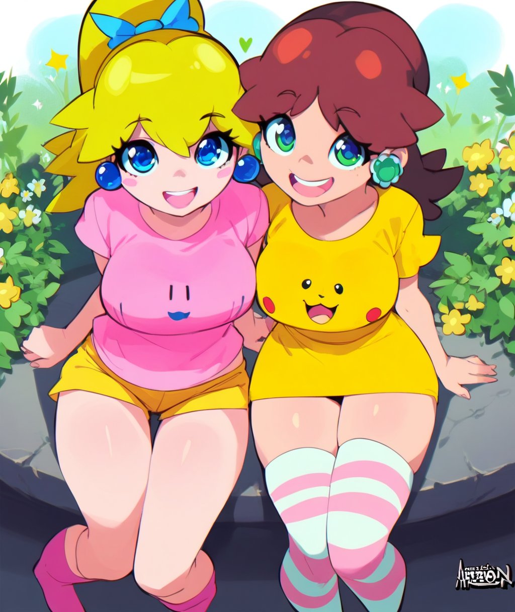 score_9, score_8_up. score_7_up, <lora:aetherion:1> aetherion,  score_9, aetherion, princess daisy, princess peach, multiple girls, 2girls, blonde hair, large breasts, striped thighhighs, blue eyes, flower earrings, jewelry, yellow shirt, ponytail, smile, crown, yellow shorts, socks, looking at viewer, yellow dress, open mouth, sitting, striped clothes, pikachu, sphere earrings, blush stickers, long hair, upper teeth only, artist name, short sleeves, thighs, from above, short shorts, hair ribbon, pink shirt, t-shirt