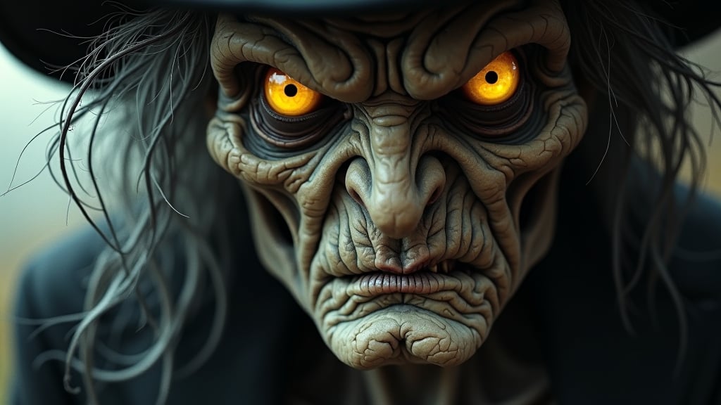 A weathered, sinister figure stares directly ahead, its gaze piercing through the shadows with unsettling intensity. The figure's face is gaunt, its features deeply carved by time and malevolent energy, every wrinkle and crease accentuating a life steeped in darkness. The skin is pale and ashen, stretched tightly over sharp cheekbones and a prominent nose, giving the impression of a figure that has long since crossed the line between life and death. Deep, sunken eye sockets are surrounded by bruised, dark circles, highlighting the sharp contrast between the sickly skin and the unnerving, glowing yellow eyes that burn with a fierce, almost predatory gaze. These eyes seem to hold an unnatural light, radiating an eerie, almost hypnotic power that suggests something deeply inhuman lurks beneath this frail exterior. The figure’s eyes are its most striking feature—large, round, and unnervingly bright against the dull, almost decayed pallor of the rest of its face. The irises burn with an otherworldly intensity, glowing with an amber hue that feels far from natural. They are wide open, unblinking, as if they are fixated on some distant prey or an impending confrontation. This haunting gaze creates a palpable sense of tension, as if the viewer is being silently drawn into some dark and forbidden secret. The eyes seem alive with malice and cunning, as though they can see far beyond the material world, into the depths of the soul. The figure's lips are curled into a sneer of disdain, revealing cracked, yellowed teeth beneath, as though caught in a moment of anger or cruelty. The expression is filled with bitterness and rage, the kind of hatred that has festered for years, if not centuries. The mouth is twisted, lips thin and dry, creating an impression of something that has not known kindness for a very long time. This twisted sneer only enhances the impression of a being that thrives on malice and spite, a creature capable of great cruelty and dark power. Framing the face is a wild tangle of gray, wiry hair that seems to flow in all directions, tangled and unkempt, as if the figure has long since ceased to care for such earthly concerns. The hair falls from beneath a wide-brimmed black hat, the brim casting deep shadows across the face, adding to the dark and foreboding aura that surrounds this character.