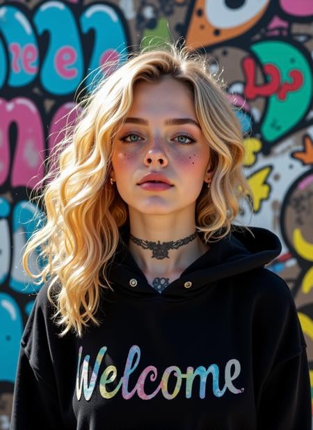 Text letters and words that says "Welcome" in playful pastel styling on a vibrant graffiti wall, an anime girl in her 20s poses with freckles and vivid blue eyes. A front view, beautifully capturing her lush blonde hair cascading over a black hoodie and revealing neck tattoos. A colorful urban backdrop filled with abstract patterns enhances the scene. A striking medium format photography. Bright sunlight illuminates her features, creating sharp contrasts and detailed textures <lora:Gaia V3 Lora:0.4>