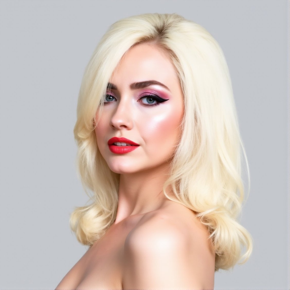 This is a high-resolution photograph of a woman with a striking, modern aesthetic. She has a fair complexion and straight, platinum blonde hair that falls just past her shoulders. Her hair is styled with a side fringe that partially covers her right eye, giving her a mysterious and alluring look. Her makeup is bold and dramatic, with a focus on her eyes and lips. She has a smoky eye makeup look with shimmering pink eyeshadow that extends to her eyebrows, and her eyeliner is a matching pink hue. Her lips are painted a vivid, glossy red, which contrasts sharply with her pale skin. Her eyebrows are well-groomed and natural, and her eyelashes are long and dark. She has a smooth, flawless complexion with a subtle highlight on her cheekbones, giving her skin a radiant glow. The background is a plain, light gray, which ensures the focus remains on her face and makeup. She is not wearing any visible clothing, but the image suggests a minimalistic, monochromatic color palette. The overall style of the photograph is contemporary and fashion-forward, emphasizing modern beauty trends and the artistry of makeup application.,Hillary_Clinton, <lora:Hillary_Clinton_Flux_V1:1>