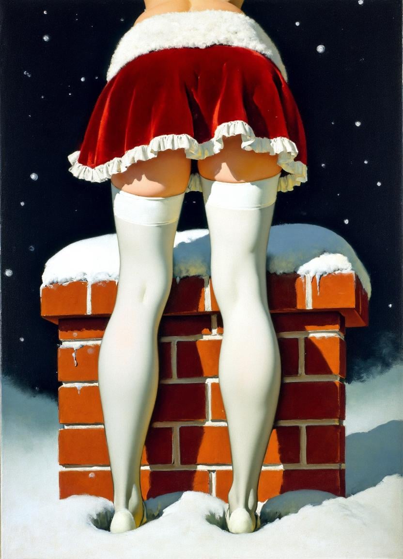 A realistic,  high-resolution painting by Gil Elvgren. The image is of the lower half of a woman sticking out of the top o...