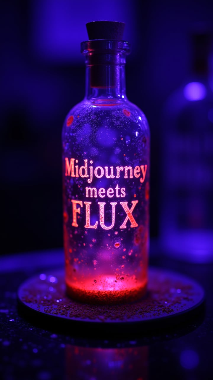 Fae Text made of Blood with Text:"Midjourney meets FLUX", photograph, Potion Glass case, at fluorescent purple hour, sharp, focussed, Calotype 160, telephoto lens, photo, moody, Sacred, aidmaMJ6.1