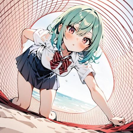 1girl, go under the  red net,   standing, from below, in all fours, beach, blue hair, pink eyes, green hair, brown eyes, school uniform, white shirt, blue skirt  <lora:lcm-animagine-3:1> <lora:Concept_GUTN_v1r3-1604-noreg-noise803-1024-SDXL-000004:1.3>