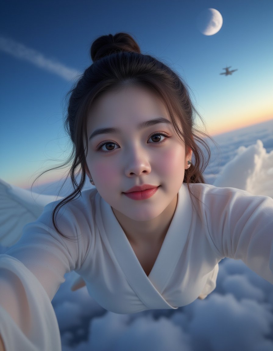 18-year-old cure beauty hanfu girl,close-up,aerial,a lot of wind,flying on the clouds,night sky moon,heavenly palace,curvy,focus on her face,(high speed flying girl:1.1),in the distance there is a plane leading to the flight,flight attitude,selfie,large_wings,shoulder-exposed hanfu,city in the air,low light,light smile and arrogant temperament,