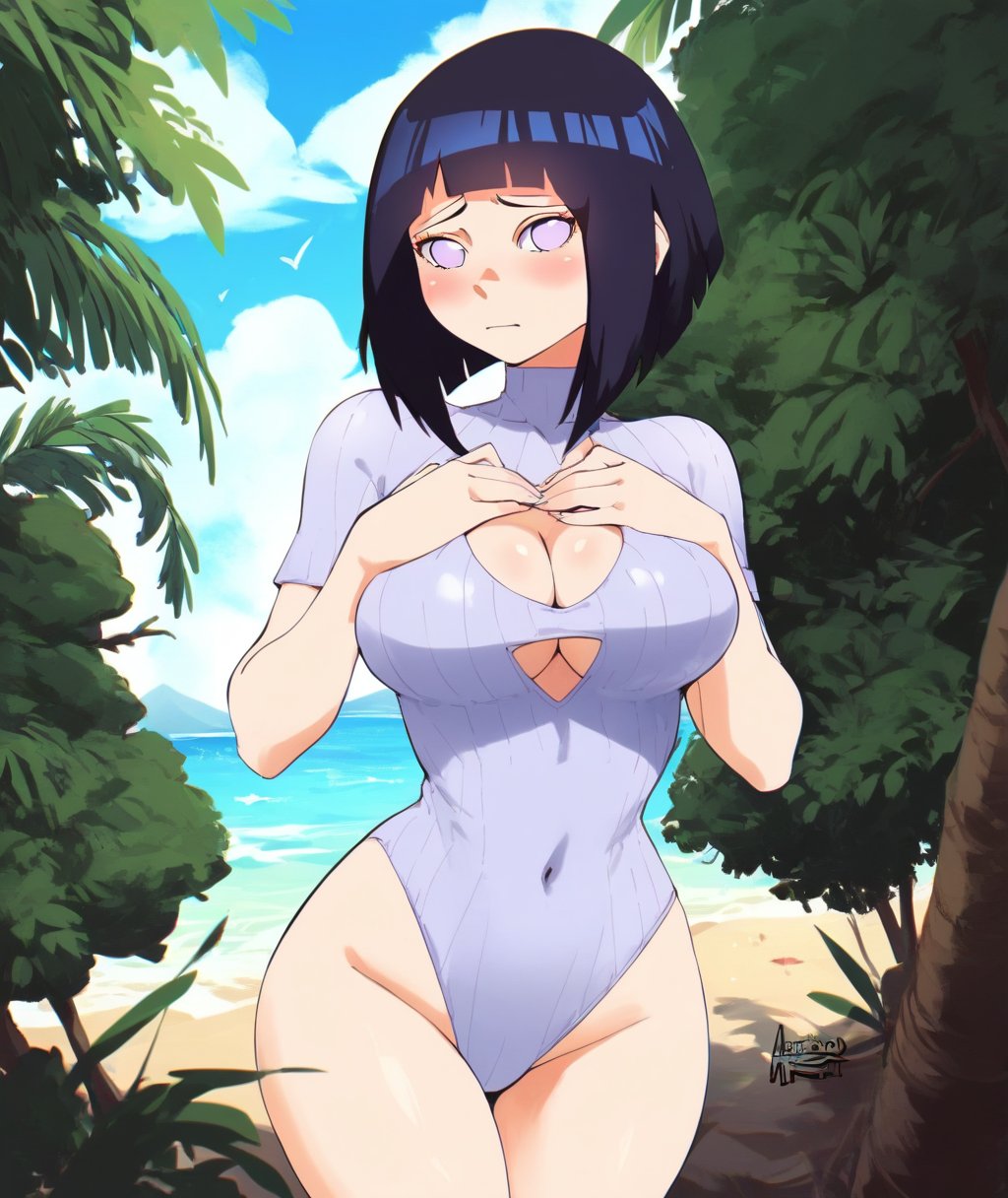 score_9, score_8_up. score_7_up, <lora:aetherion:1> aetherion,  score_9, aetherion, 1girl, large breasts, casual one-piece swimsuit, hyuuga hinata, short hair, black hair, covered navel, blush, cleavage cutout, outdoors, looking at viewer, blunt bangs, day, beach, purple eyes, blue sky, hands on own chest, clothing cutout, closed mouth, no pupils, cloud, tree, collarbone, ocean, water, bob cut