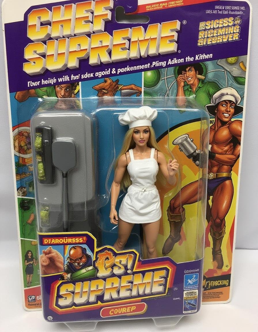 "Chef Supreme" – A culinary superhero who can cook a perfect meal in seconds. Her spatula is a multi-tool that can whip up anything, from five-star dishes to energy-boosting potions, while her apron deflects any kitchen disaster. The action figure is carefully packaged with a ral-afpacking logo placed near the bottom-right. The background shows a futuristic kitchen, with ingredients and cooking utensils swirling in mid-air, ready for her to create.<lora:ral-afpacking-flux:1>