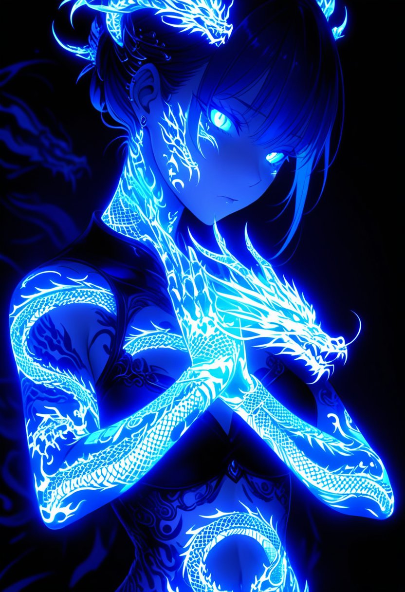 A female 3D CG character with intricate glowing blue dragon tattoos covering her arms, hands, and face. The tattoos emit a soft, radiant glow that contrasts against her dark, form-fitting outfit. Her expression is calm and mysterious, with a dreamlike ambiance surrounding her. The character has long, smooth hair decorated with elegant metal hairpins and glowing accents. The background is dimly lit, creating an otherworldly and ethereal atmosphere, with soft shadows emphasizing her glowing features. The mood is mystical, highlighting the elegance and supernatural energy of the glowing dragon tattoos. <lora:g1owingtatt00:0.75>