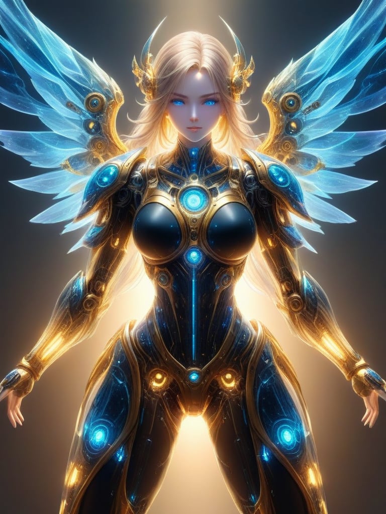 score_9,score_8_up,score_7_up,glowing lines, holo, halo, angelic, combat pose,(Solo), humanoid mecha, transparent windows that show ultra detailed gears, female, aerodynamic, beautiful, golden accents, mantellic blue and black armor, long hair, Detailed face, Detailed eyes, detailed face,very aesthetic, intricate details,abstract, beautiful, Expressive,dynamic lighting, ray tracing, extreme contrast,