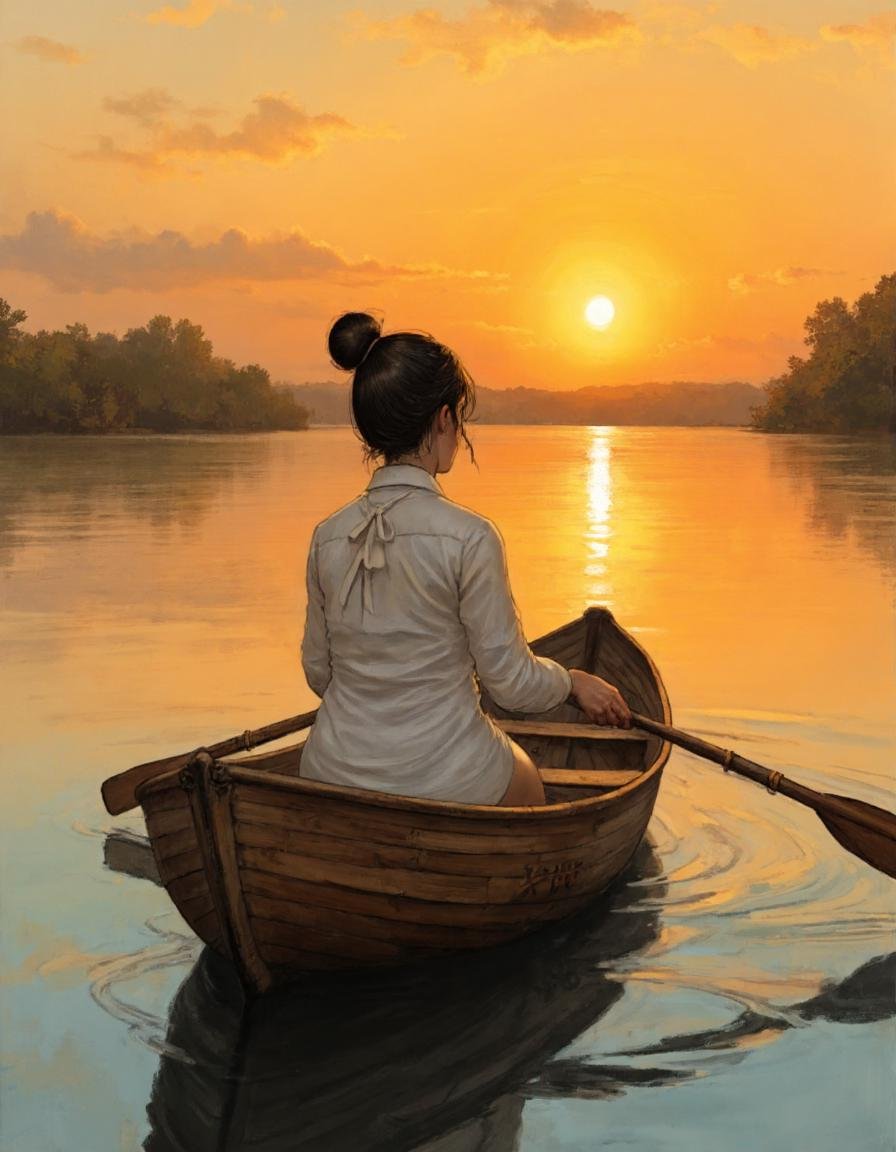 The image is a painting of a young woman rowing a small boat on a lake. The woman is wearing a white blouse and has her ha...