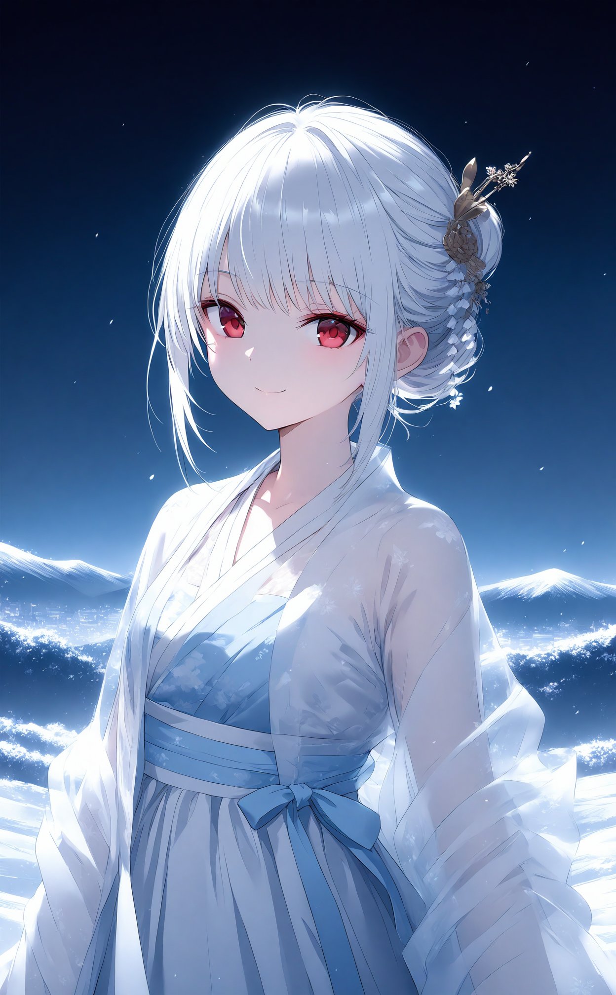 (masterpiece),(best quality),illustration,ultra detailed,hdr,Depth of field,(colorful),night,1girl,solo,red eyes,looking at viewer,hair ornament,upper body,white hair,blurry,bangs,see-through,depth of field,hanfu,smile,floral print,closed mouth,small_breasts,loli,arm_ribbon,white upper shan,white chest po skirt,light blue waistband,white pibo,in winter,snowflakes,hills,