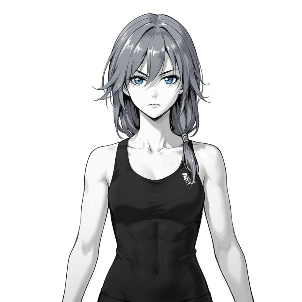 (white background:1.2),looking at viewer,(SOLO:1.4),outline,simple background,upper body, cowboy shot,looking at viewer,(((arms at side))),  fu hua, fu hua mangaver, long hair, monochrome, greyscale, bangs, hair between eyes, blue eyes, blue hair, low-tied long hair, grey hair<lora:圣痕之谜训练pony:0.8>