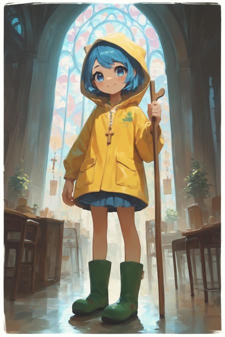 score_9, score_8_up, score_7_up, score_6_up, score_9, score_8_up, score_8, source_anime, 
luce, 1girl, solo, cute girl, short blue hair, blue eyes, full body, boots, signature, yellow hood, colored necklace, cross, smile, blush, indoors,  
masterpiece, best quality, 
<lora:pony.ca.luce5:0.99>, 
