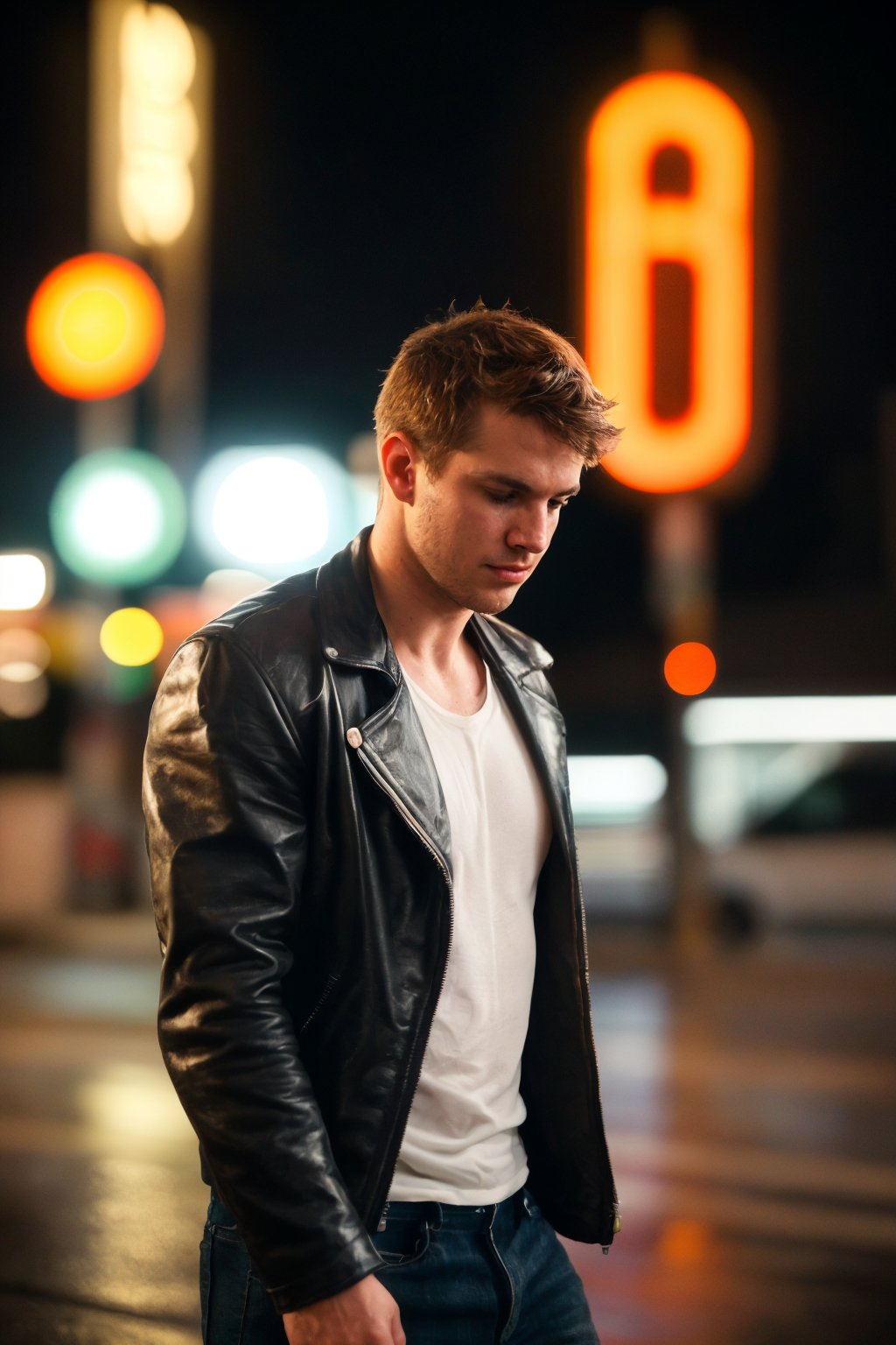 realistic, highly detailed, intricate details, detailed background, depth of field, 1boy, photo of a Scottish male, 25 years old, stubble, at the gas station in the middle of the night, neon signs, auburn hair, emotional, wearing leather jacket, pants, cinematic film still, rain, dynamic pose, dynamic angle, ((analog photo:1.3)), (amateur photography:1.3), (subsurface scattering, faded film, bokeh:1.2), (chiaroscuro, low light:1.4), selective focus, (light leaks, long exposure, motion blur, low shutter speed:1.3), moody, atmospheric, (European film, movie still, film grain:1.2), Canon EOS R6, Nokton 70mm f1.1