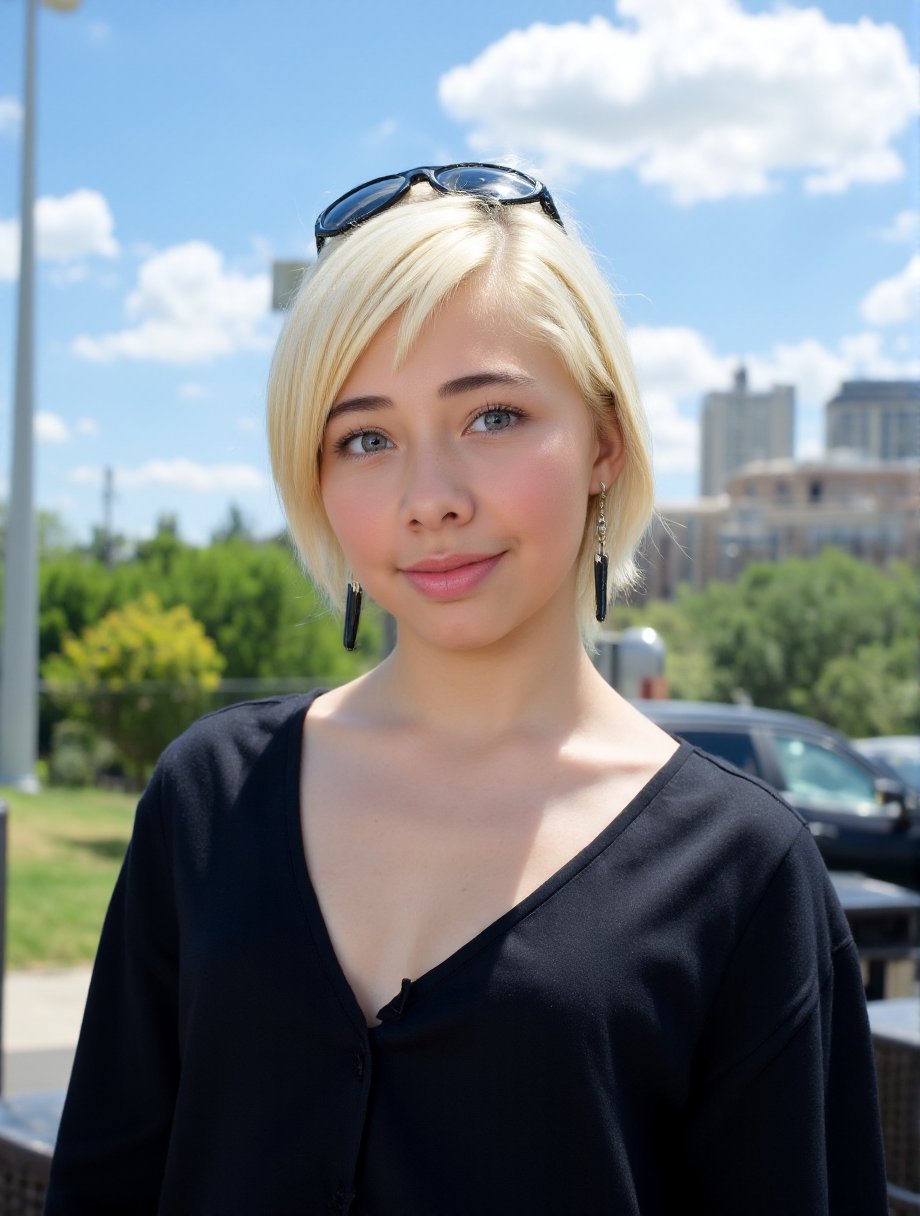 The image is a high-resolution photograph of a young woman with light skin and short, platinum blonde hair, styled in a simple, sleek bob. She has striking blue eyes and a calm, neutral expression. Her lips are slightly parted, and she wears a subtle, natural makeup look with a hint of pink lipstick. She is dressed in a black, loose-fitting top with a V-neckline, which adds a casual yet stylish touch to her appearance. She accessorizes with large, black, dangling earrings that catch the light, adding a touch of elegance. Perched on her head, a pair of sunglasses rests, suggesting she is ready for a sunny day. The background is slightly blurred, but it appears to be an outdoor urban setting with a mix of greenery and architectural structures. The sky is a bright blue with scattered white clouds, indicating a clear day. The overall mood of the photograph is serene and modern, capturing a moment of relaxed confidence. The image is crisp and detailed, highlighting the textures of her hair and clothing, as well as the subtle shadows and highlights on her face.,Xochitl Gomez,<lora:Xochitl_Gomez:1>