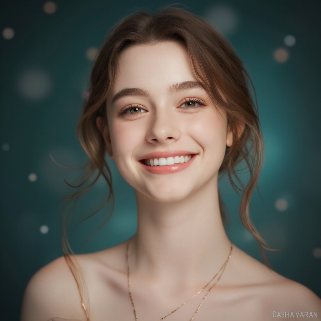 A close-up portrait of dasha_taran with a radiant smile. She has wavy brown hair and wears a delicate necklace. The background is a deep teal with a bokeh effect, creating a dreamy atmosphere. The woman's eyes are captivating, and her expression is one of joy and contentment. The image style is contemporary, emphasizing the subject's natural beauty and the interplay of light and shadow.