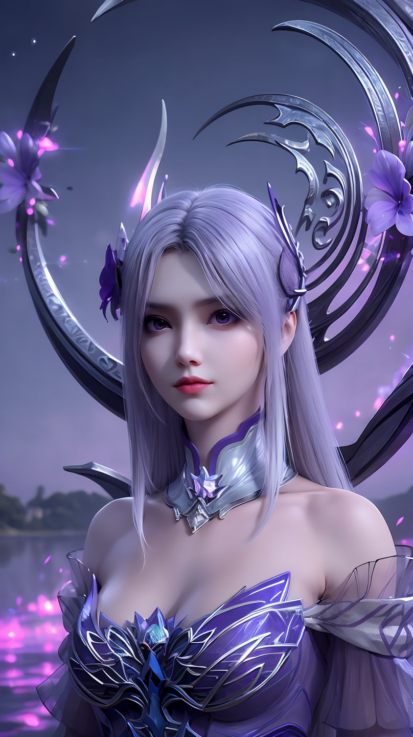 xiaoyixianlp,1girl,solo,hair ornament,closed mouth,long hair,expressionless,realistic,fake collar,purple dress,shoulders,upper_body,wings,(purple sky:1.2),(purple cloud:1.2),purple eyes,overexposure,purple flowers,nebula,, night,starry_sky,galaxy,exquisite face,fair_skin,magic background,magic,starry sky water surface,moon,