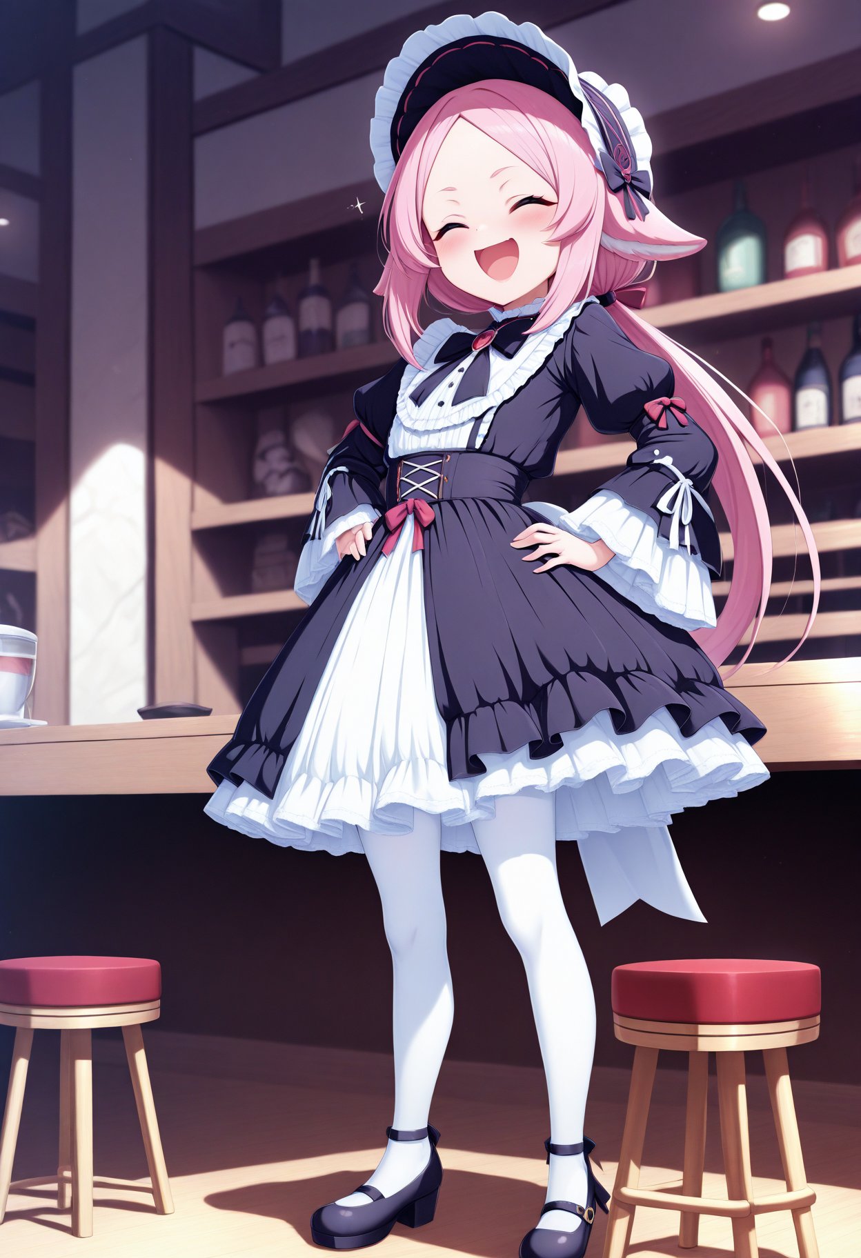 beast_quality,masterpiece,8k,Cute girl wearing lolita dress standing on stool with hands on hips and laughing with open mouth, pink hair, low ponytail and slanted bangs