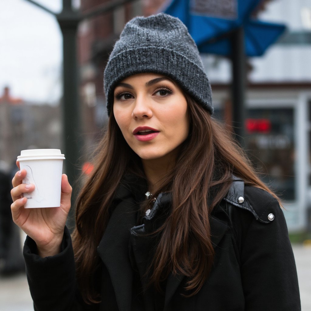 A still from a film or television show shows victoria_justice in a contemplative pose,  holding a takeaway coffee cup. She...