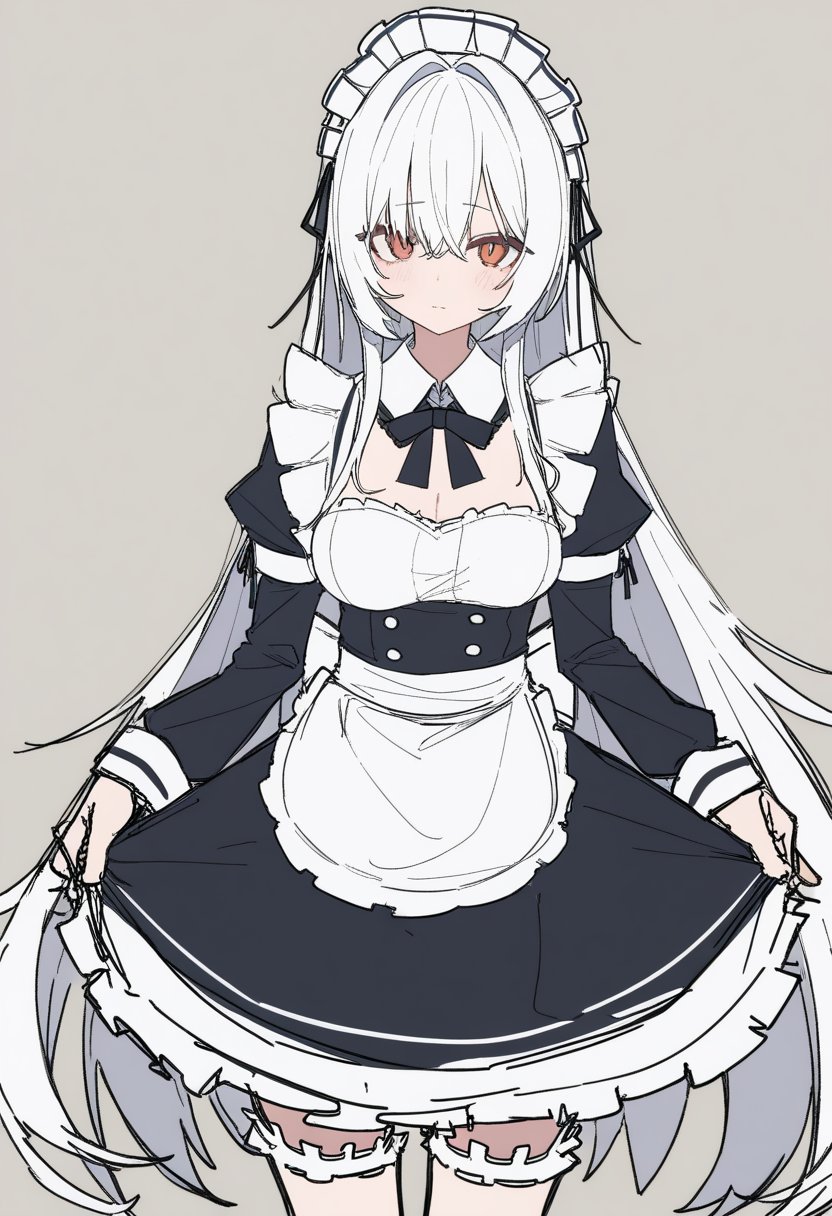 1girl,virtual youtuber,solo,white hair,maid uniform,very long hair,(wip:1.2),(sketch:1.2),high value,flat color,jaggy lines,rough,unfinished,newest,highres,absurdres,highly detailed,best quality,