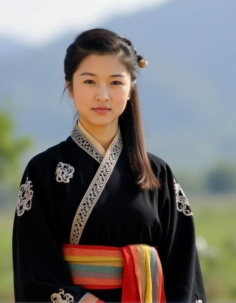 The image is a high-resolution photograph featuring a young Asian woman in traditional Chinese attire. She stands outdoors against a blurred, natural background, possibly a mountainous landscape. The woman has a fair complexion and straight, dark brown hair styled into a loose, side ponytail with a few strands framing her face. Her hair is adorned with a decorative hairpin, likely made of metal, featuring a small round ornament. She gazes directly at the camera with a calm, composed expression.She is dressed in a traditional Chinese outfit consisting of a black robe with intricate, white embroidered patterns depicting traditional Chinese motifs. The robe has a high collar and is cinched at the waist with a wide, multi-colored sash featuring shades of red, yellow, and green. The fabric of the robe appears to be made of a soft, textured material that might be silk or a similar fabric. The background is out of focus, allowing the subject to stand out prominently. The lighting is natural, suggesting it is daytime, and the overall color palette is warm and earthy, with muted tones that complement the traditional attire.,weixiaojun,  <lora:WeiXiaoJun_Flux_V1:1>