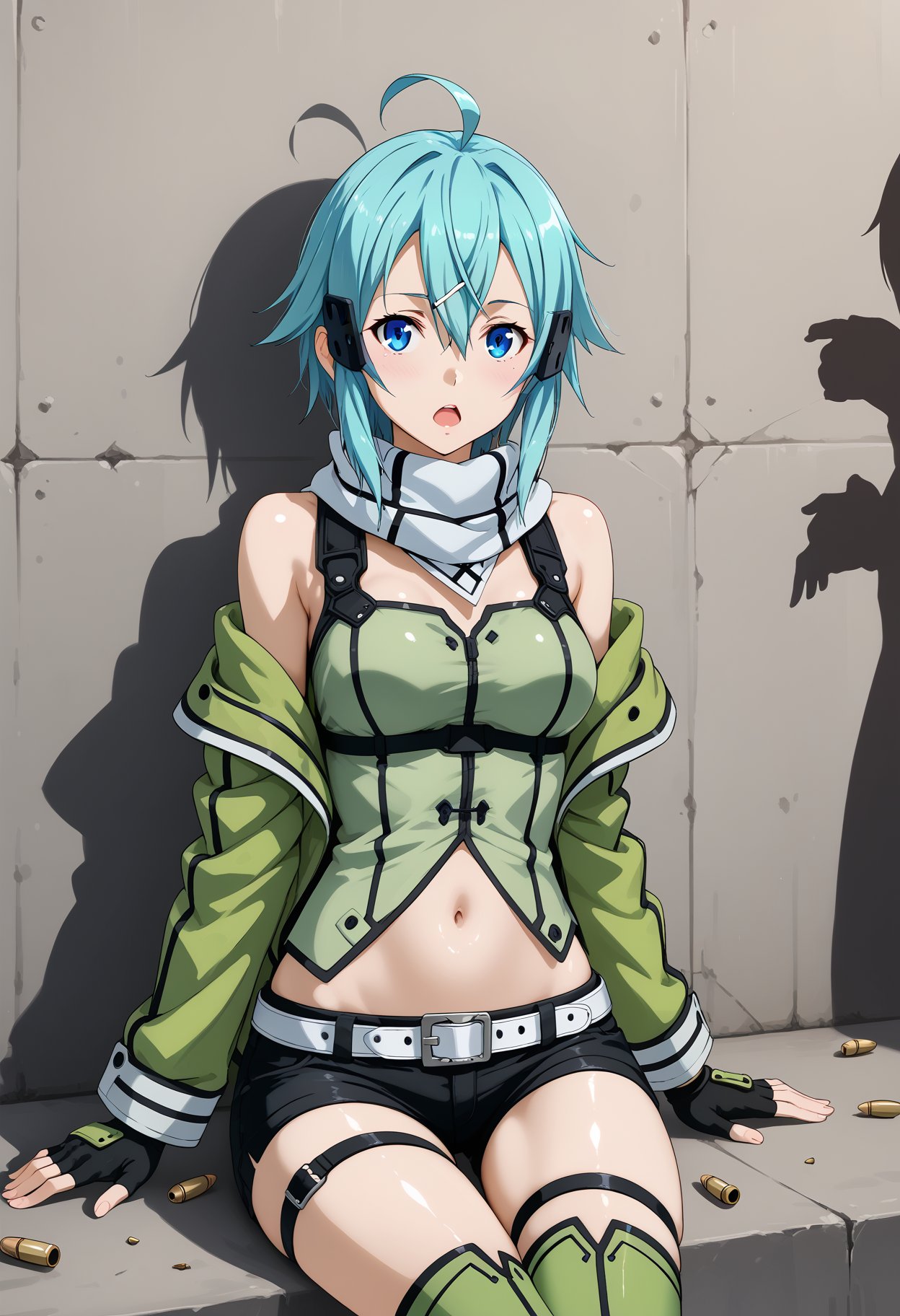 dewy skin,perspiration on the skin,skin texture,fine lines,pores,natural imperfections,light reflections,glossy skin,shiny skin,megami magazine BREAK sword art online,sinon,1girl,against wall,ahoge,belt,black gloves,black shorts,blue eyes,blue hair,breasts,bullet hole,clothes down,fingerless gloves,gloves,green legwear,groin,jacket,looking at viewer,medium breasts,navel,off shoulder,open mouth,scarf,short shorts,shorts,silhouette,sitting,solo,thigh strap,