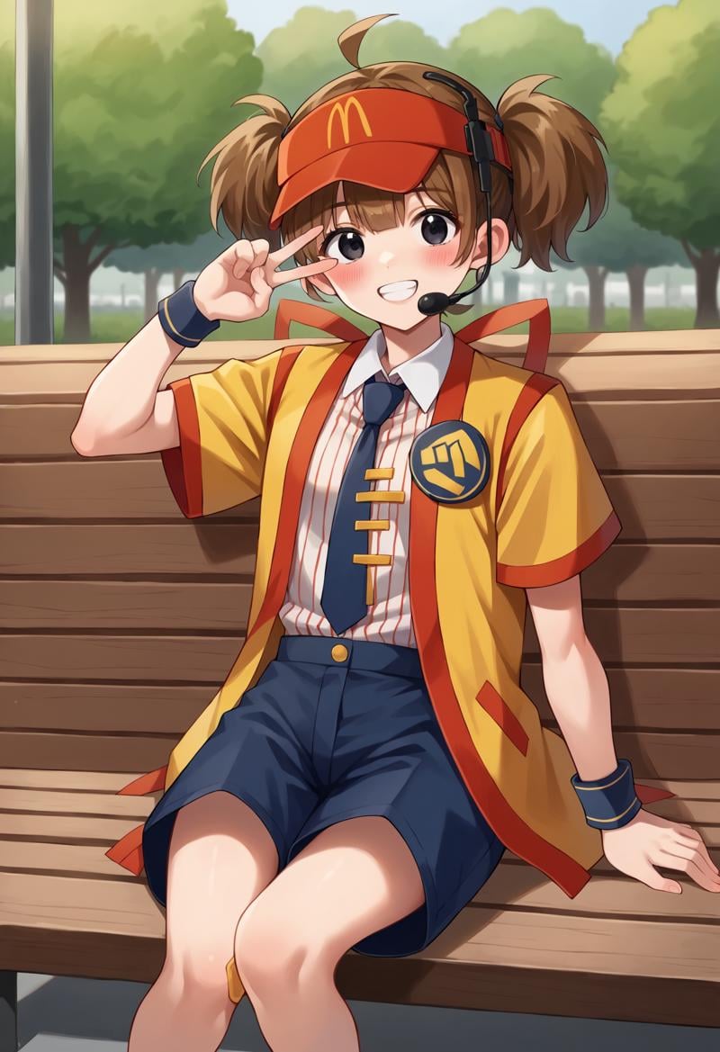 score_9, score_7_up, hd, (ultra hd quality details), source_anime, outdoors, 1girl, solo, dctabemi, brown hair, short twintails, ahoge, black eyes,visor cap, headset, jacket, open jacket, short sleeves, necktie, white shirt, striped shirt, collared shirt, blue shorts, wristband, bandaid on knee, looking at viewer, blush, smile, teeth, v,park bench, on bench, park, sitting on bench, <lora:_dabuchi_tabemi-elesico-pony-000009:1>