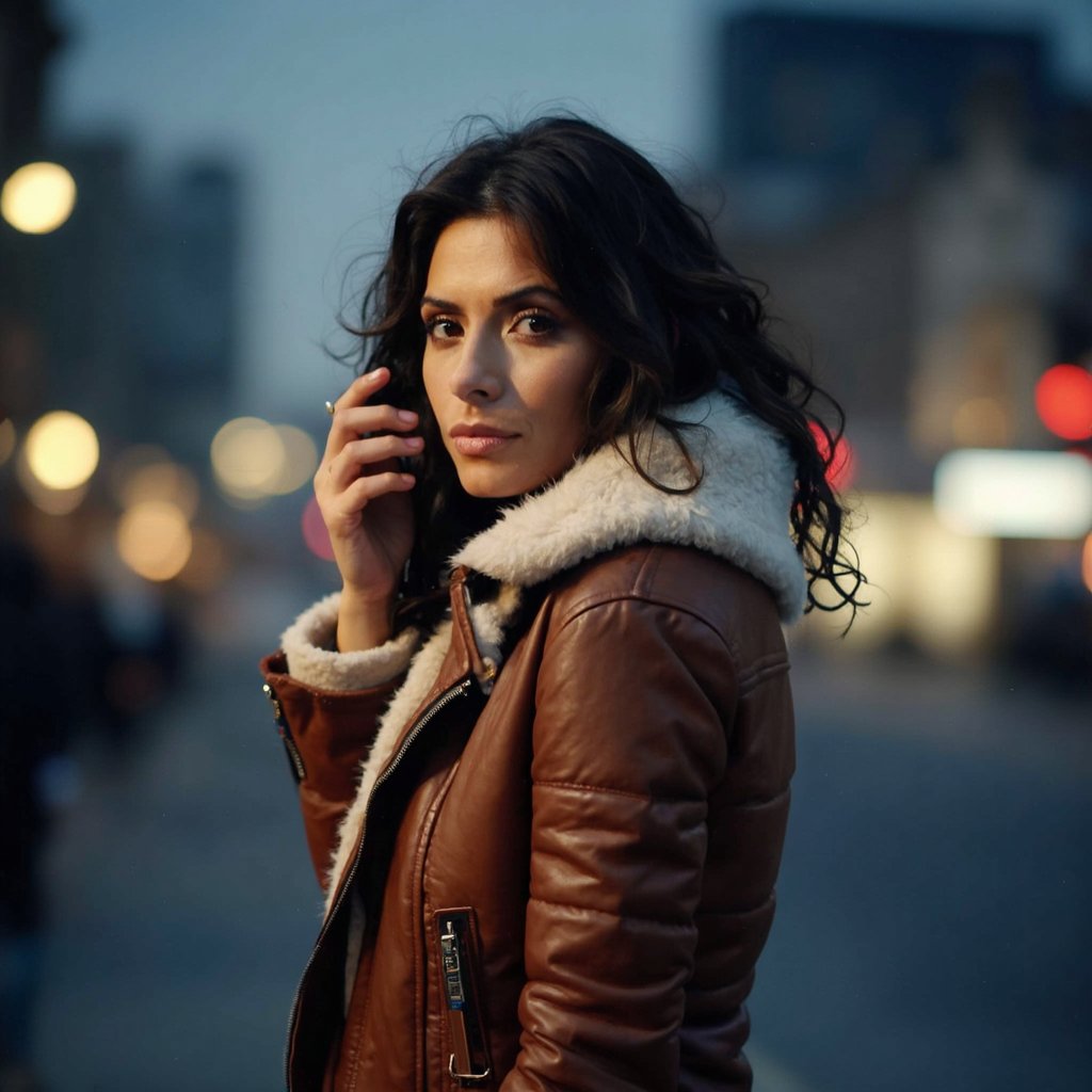 A portrait of sarahshahi captured in a side profile. She wears a brown leather jacket with a white, fluffy hood. Her curly hair flows down her shoulders. The woman's gaze is directed away from the camera, and she holds her hand to her ear. The background is a cityscape at night, illuminated by bokeh lights, creating a warm, ambient ambiance. The color palette consists primarily of cool blues and warm browns, contrasted by the soft white of the hood.