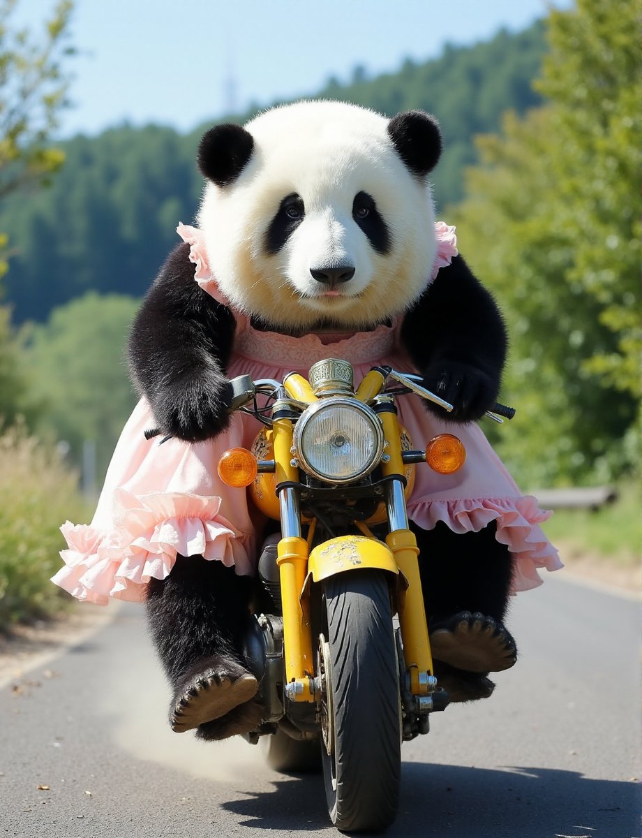 This high-resolution photograph captures a charming panda named Huahua, depicted with her distinctive black and white fur, riding a brightly colored motorcycle. Huahua is dressed in an adorable pastel-colored dress adorned with delicate frills and bows, adding a touch of whimsy to her natural charm. The dress is detailed with intricate patterns and soft textures, creating a lifelike contrast to her fluffy fur.Huahua's round, chubby body is covered in thick, soft fur, with black patches around her ears, eyes, and legs. Her face is marked by large, dark eyes and a small, black nose, but her expression is one of intense seriousness and concentration as she navigates the motorcycle. Her eyes are narrowed, and her brows are furrowed, indicating a sense of determination and focus.The motorcycle is vibrant and detailed, with a shiny, polished surface and intricate designs on the body. The wheels are in motion, kicking up dust and creating a sense of speed and action. The background consists of a winding road with lush, green trees and hills, adding a natural, scenic ambiance to the image. The sky above is clear and blue, indicating a beautiful, sunny day.The overall composition of the image focuses on Huahua, making her the primary subject and capturing the unique and whimsical nature of this scene, blending her cute appearance with the adventurous spirit of riding a motorcycle.,huahua, <lora:huahua_panda_Flux_V1-000002:1>