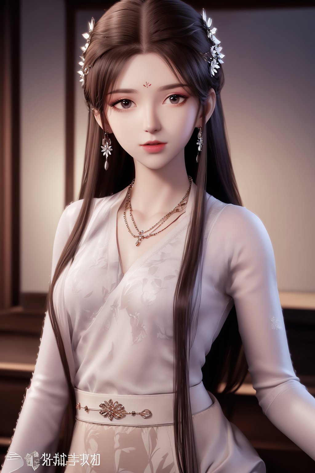 masterpiece,(best quality:1.2),official art,extremely detailed cg 8k wallpaper,(crystalstexture skin:1.2),(extremely delicate and beautiful),photo_\(medium\),1gir,solo,looking_at_viewer,long_hair,necklace,jewelry,hair ornament,earrings,thighs,Thigh gap,(face:1.2),(white  pantyhose:1.2),(upper body:2), <lora:hipoly_3dcg_v7-epoch-000012:0.3:NF>,  <lora:sy_苏檀R_2.1:0.7> 