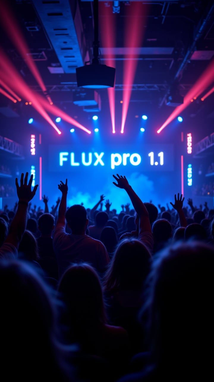 A neon-lit gaming arena, where the scoreboard flashes "FLUX pro 1.1" in bold letters as the crowd cheers under pulsating lights. , aidmafluxpro1.1