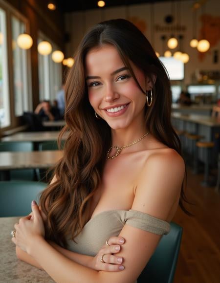 <lora:Lea_Elui_Flux:1>  The image is a photograph of a woman with  long  hair, makeup, wearing a dress standing in a cafe. looking a the viewer, smile