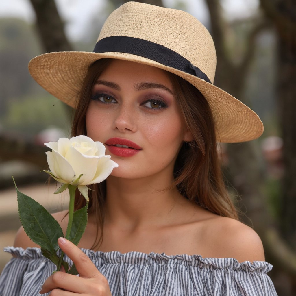 A portrait of ella_purnell captured in a serene outdoor setting. She wears a wide-brimmed straw hat with a black band and a striped off-the-shoulder top. Her makeup is bold, featuring striking blue eyeshadow and red lipstick. She holds a white rose close to her face, appearing to be admiring it. The background is blurred, focusing attention on the woman and the rose. The color palette consists primarily of earthy tones, with the woman's skin and rose providing a warm contrast. The image conveys a sense of tranquility and elegance.