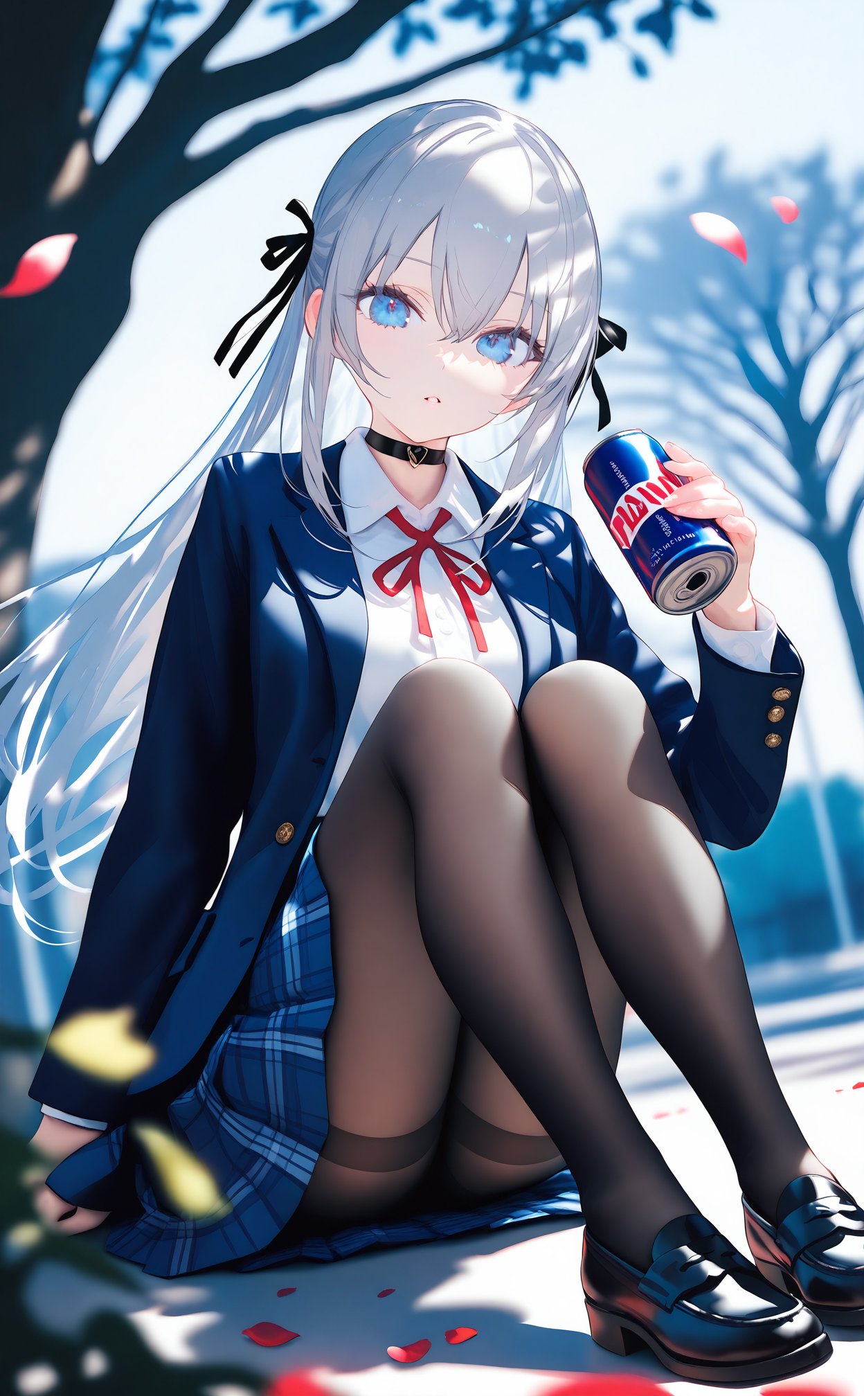 masterpiece,best quality,high quality,1girl,pantyhose,solo,long hair,black footwear,ribbon,skirt,black pantyhose,shirt,blurry,sitting,blue eyes,neck ribbon,blurry foreground,jacket,collared shirt,white shirt,long sleeves,hand on own knee,looking at viewer,red ribbon,school uniform,plaid,white hair,thighband pantyhose,depth of field,flower,parted lips,hair between eyes,blue skirt,collar,knees up,outdoors,shoes,blurry background,grey hair,hair ribbon,holding,cover image,pleated skirt,black ribbon,plaid skirt,tree,choker,dutch angle,petals,blazer,can,full body,blue jacket,sidelocks,novel cover,plant,open jacket,holding can,open clothes,