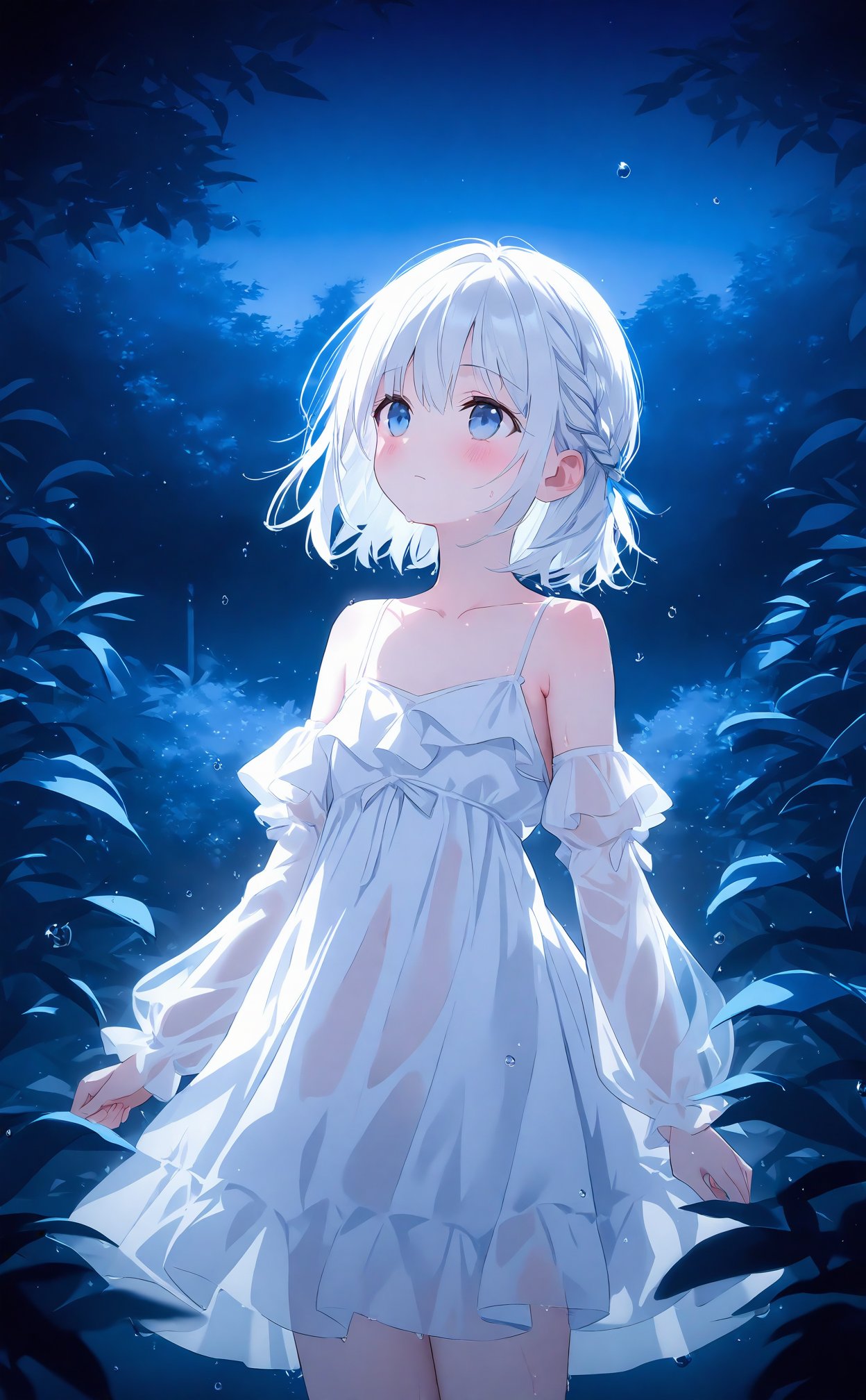 masterpiece,best quality,high quality,(colorful),loli,1girl, flower, dress, solo, white dress, short hair, blue eyes, white hair, braid, blue flower, night, tree, bare shoulders, collarbone, standing, frilled dress, detached sleeves, frills, closed mouth, spaghetti strap, outdoors, water drop, sky, long sleeves, wet, building, night sky, see-through, flat chest, looking up, blush, cowboy shot, plant, arms at sides, expressionless