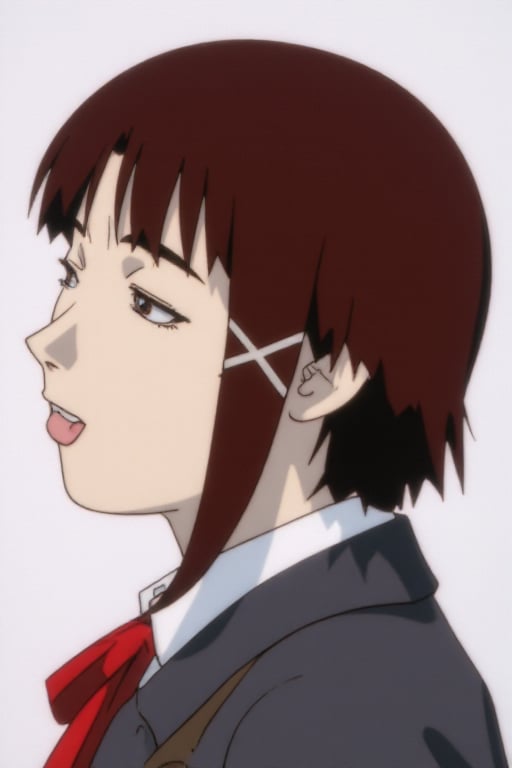 <lora:ahegaolorav2:1.2>Side angle view, Full body view of anime character Lain Iwakura in her school uniform, ahegao, tongue out, drooling tongue, crossed eyes, dr00ling, half closed eyes. Her entire face and hairstyle are visible in the picture <lora:fluxlainlorav2:1>